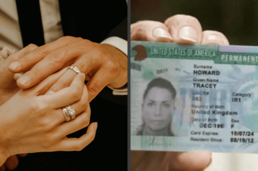 la imagen de la izquierda es de dos manos donde una se está poniendo un anillo de bodas y la imagen de la derecha es una tarjeta verde - Green card a través del matrimonio