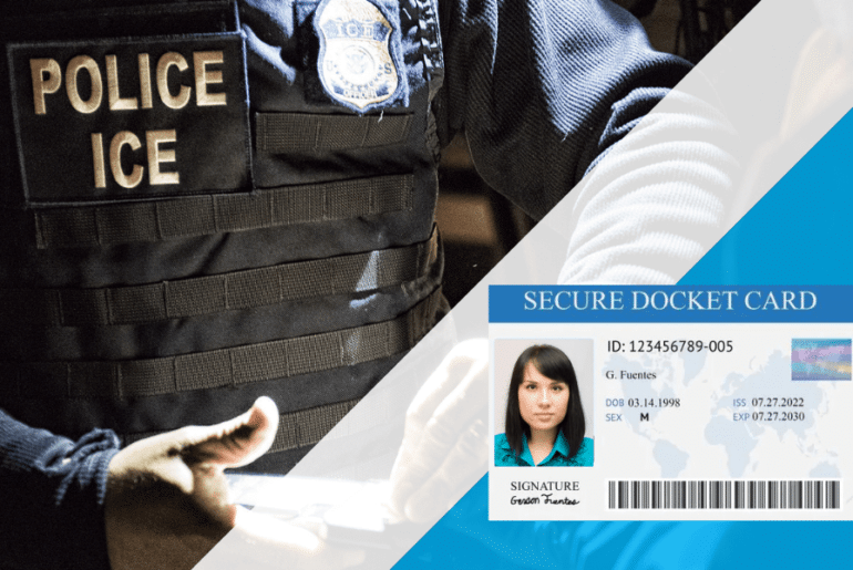 Agente de ICE inspeccionando un documento - Nueva tarjeta de ID para inmigrantes